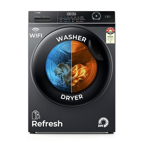 Image of Haier 12Kg, 5 Star, AI Smart Wash, Hygiene Refresh with Inbuilt heater, 525 mm Super Drum, Direct Motion Motor, WiFi Fully Automatic Front Load Washer & Dryer (EFL120-DM14IEIS8U1 | Dark Jade Silver)