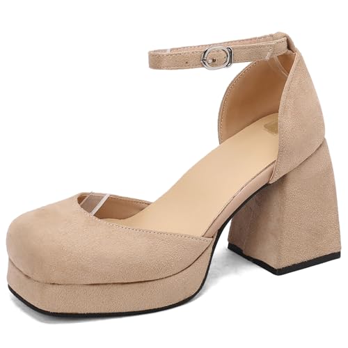 Asterisco Women Block Heel Pumps with Platform Dress High Heels Shoes-240378, Size 3.5-12.5