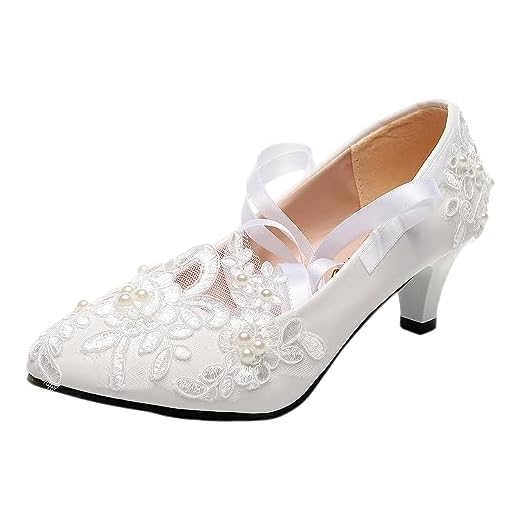 Jamron Mujer Elegante Encaje Bordado 5CM Tacón Blanco Zapatos de Novia con Perlas SN070427 EU38