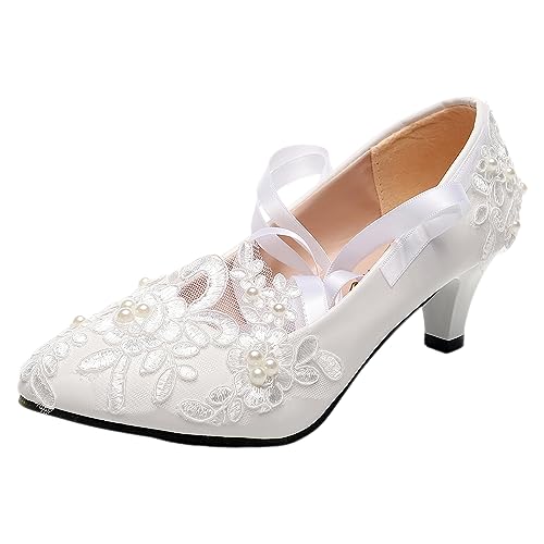 Jamron Mujer Elegante Encaje Bordado 5CM Tacón Blanco Zapatos de Novia con Perlas SN070427 EU36