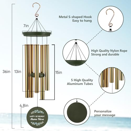 Image of ASTARIN Personalized 36 inch Happy Retirement Wind Chimes, Retirement Wind Spinner Gift for Women /Men Teacher Coworker 2024, Going Away Farewell Gifts, Deep Tone Larde Wind Chime