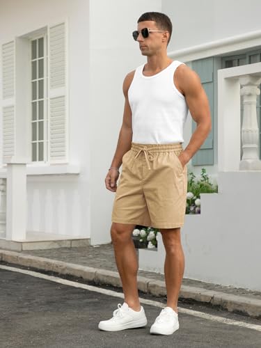 Image of RQP Mens Cotton Linen Shorts Casual Drawstring 7inch Inseam Shorts Stretch Summer Beach Wear
