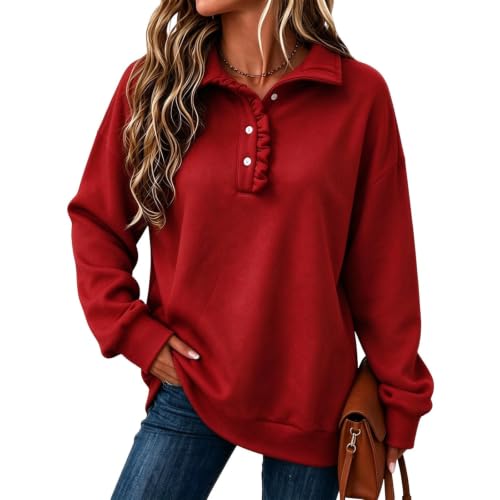 Oversized Sweatshirts for Women Button Ruffle Collar Y2K Hoodie, Red - image 2