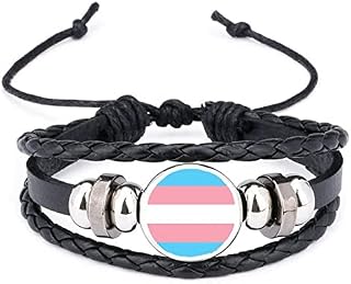 Transgender Pride LGBTQ Rainbow Black Leather Bracelet And Velvet Gift Bag