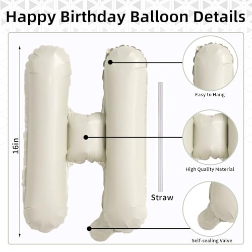Image of Cream Happy Birthday Balloon Banner, Neutral Beige Happy Birthday Foil Balloon, 16 Inch Ivory White Sand Born Day Bunting Banner Letter Balloons for Men Women Birth Party Decorations Supplies