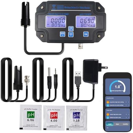EC pH Monitor for Hydroponics, 6-in-1 Water Quality Tester with Wi-Fi, pH Meter Tester, Continuous Monitor of pH PPM EC CF Humidity Temp of Indoor DWC Grow System,Hydro Reservoir Tank