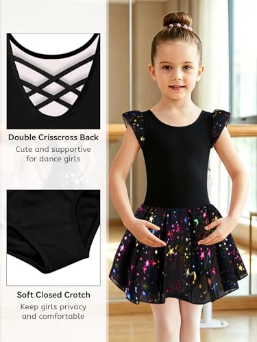 Image of DANSHOW Ballet Leotards for Girls Dance Skirted Leotard Kids Ballet Tutu Dress Toddler Shiny Ruffle Sleeve Dancewear