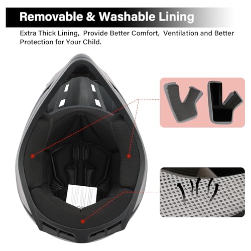 Image of XFMT Kids Dirt Bike Helmet Youth Motorcycle Full Face Helmet | DOT Approved, Motocross ATV Off-Road Street Bike Four Wheeler, with Goggles & Gloves, Matte Black, Size Medium