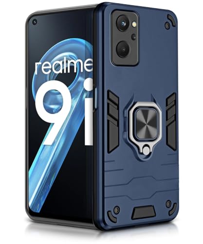 Image of WOW IMAGINE Shock Proof Back Case Mobile Cover for Realme 9I 4G | Back Cover Case (Tough Armor | Hybrid PC + TPU | Ring Holder & in-Built Kickstand | Blue)