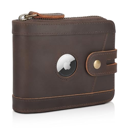 Polare Full Grain Leather Bifold Wallet for Men RFID Blocking Card Case with AirTag Slot and YKK Zip Coin Pocket