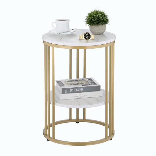 Relaxdays Table d'appoint, métal et MDF, 2 Plateaux Aspect marbre, H x D : 56 x 40 cm, pour Le Salon, Blanc et doré