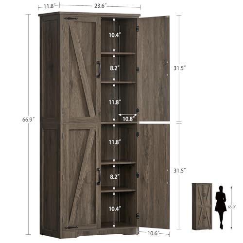 Image of TEENFON Tall Storage Cabinet, Kitchen Pantry Cabinet with 4 Shelves, Adjustable Shelves, Pantry Cabinets with 4 Barn Doors, Tall Kitchen Cabinets for Dining Room, Living Room, Dark Walnut