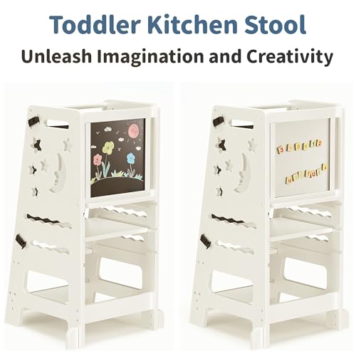 TOETOL-Kids-Kitchen-Bamboo-Step-Stool-with-Keeper-Toddler-Standing-Tower-3-Height-Adjustable-Helper-Tower-with-Black-White-Activity TOETOL Kids Kitchen Bamboo Step Stool with Keeper Toddler Standing Tower 3 Height Adjustable Helper Tower with Black White Activity