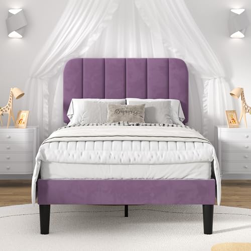 Image of VECELO Twin Size Bed Frame with Upholstered Headboard, Velvet Platform Bedframe Mattress Foundation, Strong Wood Slat Support, No Box Spring Needed,Purple