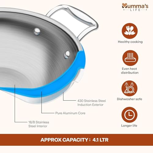 Image of Mumma's LIFE Triply Stainless Steel Kadai | 2.3 L /22cm Without Lid | Kadai for Cooking Stainless Steel Triply | 2.5mm Thick with Heavy Bottom | Designed for Gas or Induction