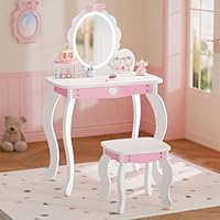 MU Kids Vanity Set with Lighted Mirror and Stool, Kids Makeup Vanity Desk with Storage Space, Bow Pattern for Little Girls, Toddler Princess Makeup Dressing Table with Chair Set, White