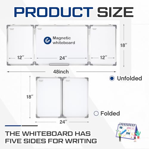 Image of AmazingSpark 48 inch x 18 inch Foldable Whiteboard Dry Erase Board Large Tri Folding Whiteboard Magnetic Dry Erase Board, Wall Aluminium Frame and Flip Out Pen Tray for Office, Home