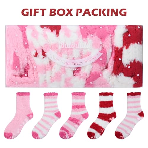 Image of Bulinlulu Fuzzy Socks With Grips for Women, 5 Pairs Non Slip Sleep Warm Fluffy Slipper Socks Gifts for Women