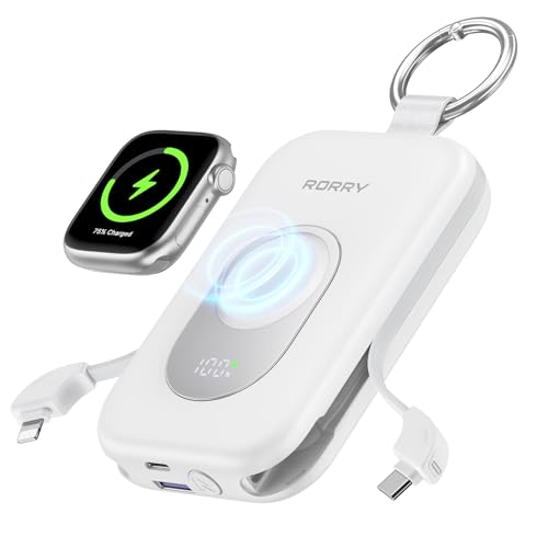 RORRY CharmGo Portable Charger 20000mAh PD 30W Portable Charger Power Bank with 2 Built-in Cables Fast Charging Battery Pack with Keychain Travel Essentials for iPhone Apple Watch iPad White