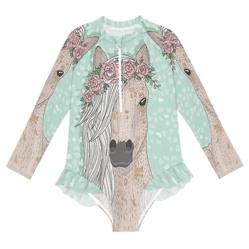 QUGRL Girls Rash Guard Long Sleeve One Piece Swimsuits Horse Flowers Zipper Girl Bathing Suits Size 9-10 Green Spring UV Swimwear Stand Collar