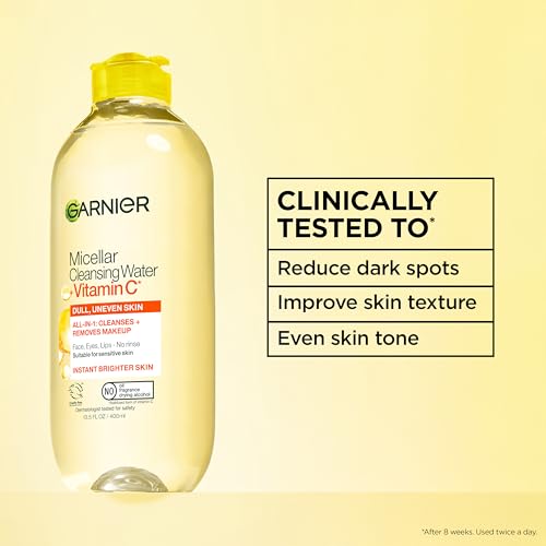 Garnier Micellar Water with Vitamin C, Facial Cleanser & Makeup Remover, Brightening & Hydrating, For All Skin Types, Vegan, Cruelty Free, 13.5 Fl Oz (400mL), 1 Count