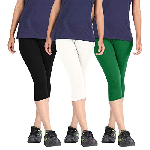 Premium Cotton Strachable Women's Casual/Gym/Sports 3/4th Capri,Free Size, Pack of 3 Capris-image-46