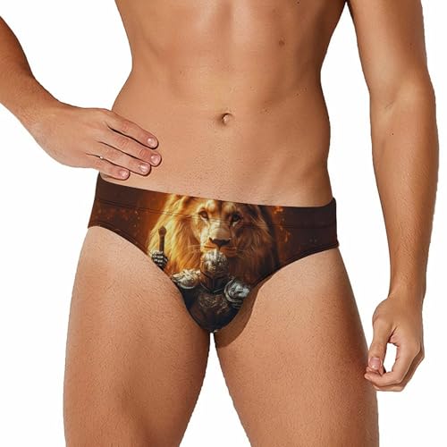 Lion and Knights Printed Swim Briefs for Men Sexy Bikini Swimwear Elastic Beach Trunks Bathing Suit