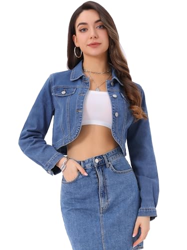 Allegra K Denim Jacket Womens Casual Collared Long Sleeve Crop Jean Jackets