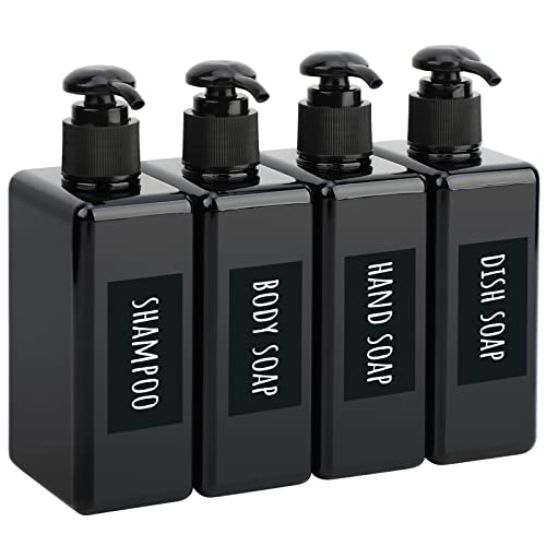 Image of Segbeauty Shampoo Conditioner Dispenser Small, 4 Pack 9.5oz Plastic Square Pump Bottles with Labels, 280ml Refillable Bathroom Soap Dispenser Empty Lotion Liquid Container Travel Cosmetic Bottle Black