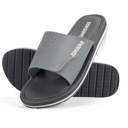 ZOKSOVE Slides for Men - Adjustable Slide Sandals Slip On- Open Toe Memory Foam Beach Sandals - Comfortable Summer Footwear for indoor/outdoor - Black 7, Grey, 15