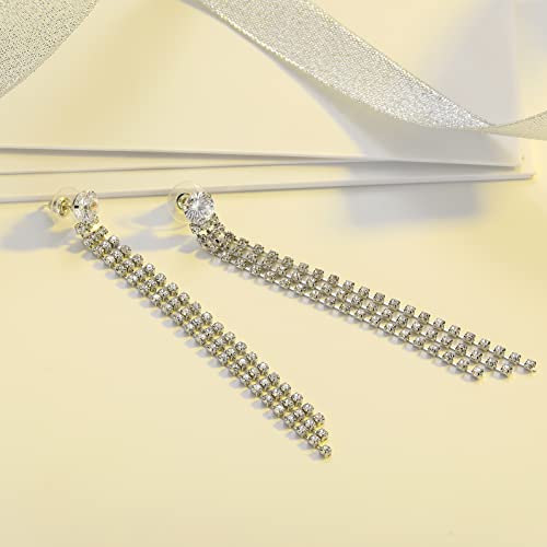 SELOVO Long 3 Chain Tassel Crystal Dangle Earring White Cubic Zirconia Bridal Jewelry2