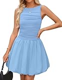 ZESICA Womens Summer Sleeveless Bubble Mini Dress 2025 Boat Neck Ruched A Line Short Cocktail Party Dresses, Blue, S