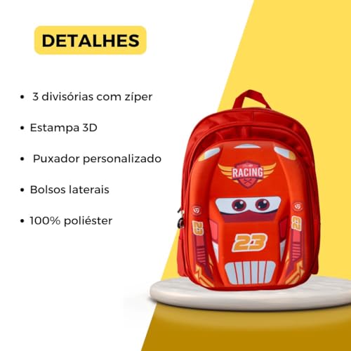 Mochila Costas Carros 3D Reforçada Corrida Meninos Escolar (Vermelho)