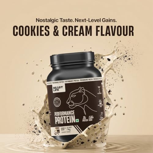 Image of BeastLife Performance Yeast Protein Powder | 25g Protein | Cookie & Cream|NABL Lab Certified | High Absorption for Muscle Growth |Smooth & Light, Easy to Digest with Ultrasorb Tech|5.64g BCAA | Best For Gut | Beta Glucan | Improves Immune Function | 1 Kg