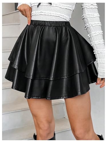 MakeMeChic Women's PU Leather Double Layer Skirt Elastic Waist Flare Y2K Mini Skirts3