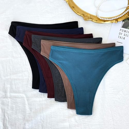 Image of High Waist Cotton Thongs Women Cotton Rib Thongs Panties 6pcs | Wironoat High Waist Cotton Thongs Women Cotton Rib Comfortable Soft Thongs Panties Pack 6