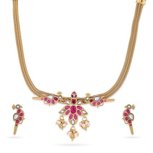 Image of Rubans Womens 22K Gold Plated Ruby Pink & Pearl Accented Jewellery Set - Ideal for Weddings & Special Occasions