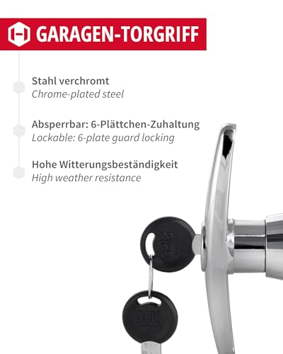 JUVA Garagentor Schloss Torgriff | Kreuzgriff für Garagentore | T-Griff, Drehgriff mit Schloss abschließbar 8 mm Vierkantstift | Metall verchromt poliert | Tor Schloss Garagentorgriff