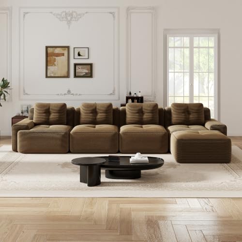 Image of 153 inch L-Shaped 4-Seater Modular Boneless Couch with Ottoman, Soft Corduroy Cloud sectional Sofa, Oversized Deep Seat, No Assembly Anti-Slip Stable Sofa, Brown