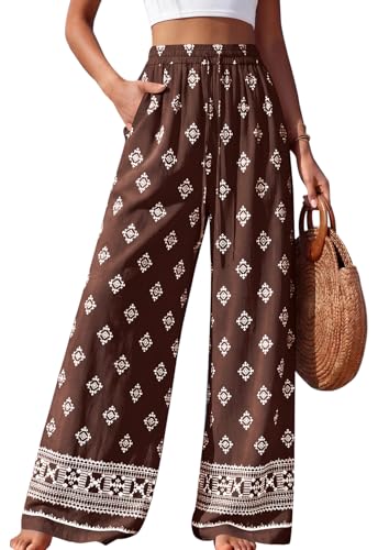 Image of PRETTYGARDEN Womens Pants Elastic Waist Striped Lightweight Palazzo Pant | Casual Lounge Wide Leg Pants Woman with Pockets, Floral Print, Gingham Textured Cute Pants, Drawstring, Flowy Summer Outfits