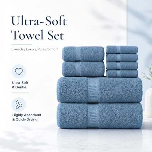 Image of Sulfar 100% Combed Cotton, 8 Pcs Towel Set - 2 Bath Towels (70 x 140 cm), 2 Hand Towels (40 x 70 cm) and 4 Face Towel (30 x 30 cm) (600 GSM, Pack of 8) Dark Blue