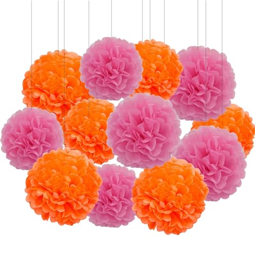 Image of XIKSXITN 12pcs Light Pink and Orange Paper Pom Poms Decorations for Party ,Ceiling Hanging Tissue Paper Flowers Decorations (10&12inch)