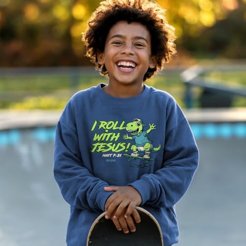 Kerusso Boy's Christian Crewneck Pullover Kid's Graphic Sweatshirt Cotton and Polyester Blue Dino Skateboard Roll With Jesus3
