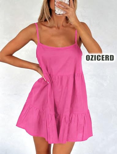 Image of OZICERD Flowy Short Sundress Mini Babydoll Dresses for Women Going Out Tiered Ruffle Beach Spaghetti Strap Swing Dress Cute
