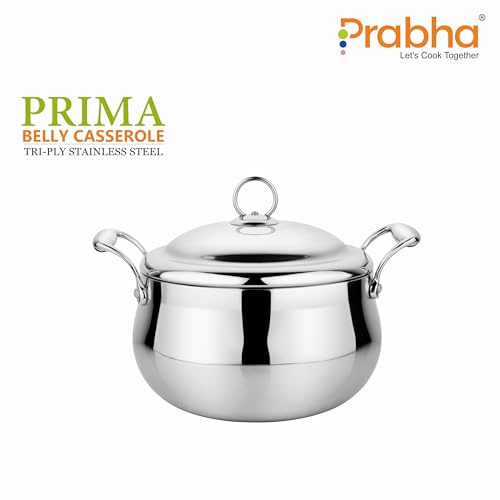 Image of Prabha Prima Belly Casserole with Lid | Roti Casserole Set 3700ML (20CM) | Casseroles Tri-Ply Layer | Hot Case /Hot Pot Food Grade | Serving Bowl Rice-Gravy-Curry /Hot Box | Induction Base & Gas Stove