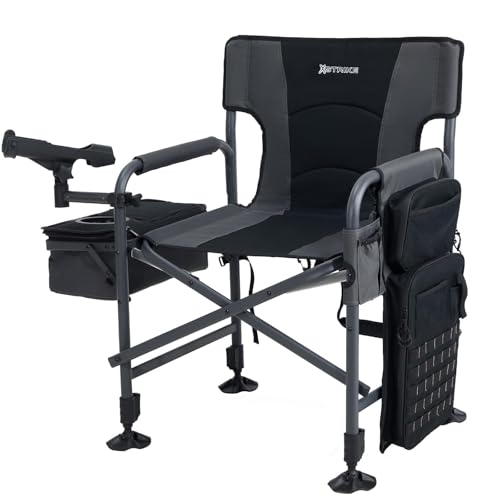 X Strike Fishing Chairs with Rod Holder, Folding Ice Fishing Chair for Adults Outdoor Camping Chair Leg Adjustable with Cooler Bag and Storage Bag for Camp, Lawn, Patio, Garden (Black)