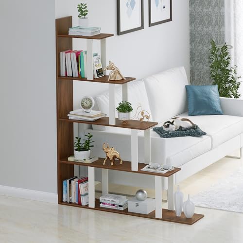 Image of BLUEWUD Wolabey Engineered Wood Ladder Style Bookshelf Cabinet Book Rack Organizer with Shelves for Decor Display, Cabinet Wall Floor Standing for Home (Brown Maple & White)