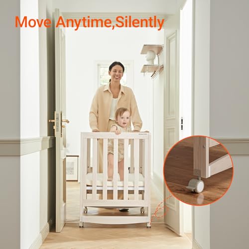 Image of MAMAZING EvoNest Baby Crib, 3 in 1 Convertible Mini Crib with Wheels, 100% New Zealand Wood Crib, 4 Adjustable Mattress Height, GREENGUARD Gold Certified, Washed Natural