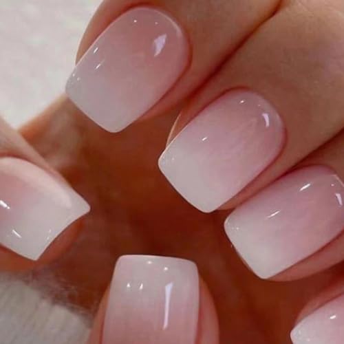 Ceboic 24 Piezas Uñas Postizas Cortas Cuadradas, Francés Nude Rosa Gradiente Press on Nails, Acrílico Cobertura Completa Uñas Falsas con Diseño, Naturales Uñas Artificiales para Mujeres y Niña