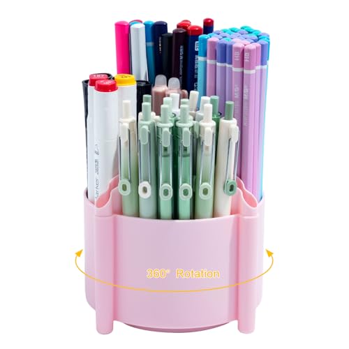 M&G 360 Degree Rotating Desk Organizer, 4 Slot Pencil Holder with Stickers, Multi-Purpose Cute Pen Pencil Cup for Make Up Brush Office School Home (Pink)